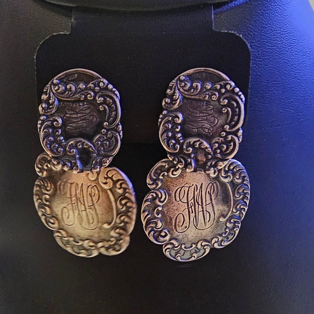 J. T. Horne Sterling Silver Monogrammed Repousse Drop Earrings Vintage